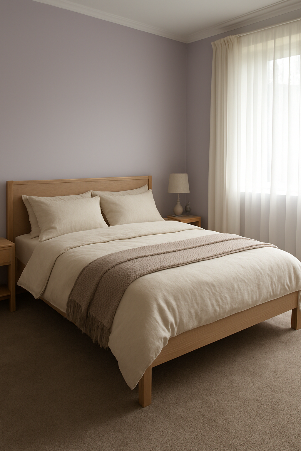 Bedroom corner with soft lilac walls and taupe wall-to-wall carpet