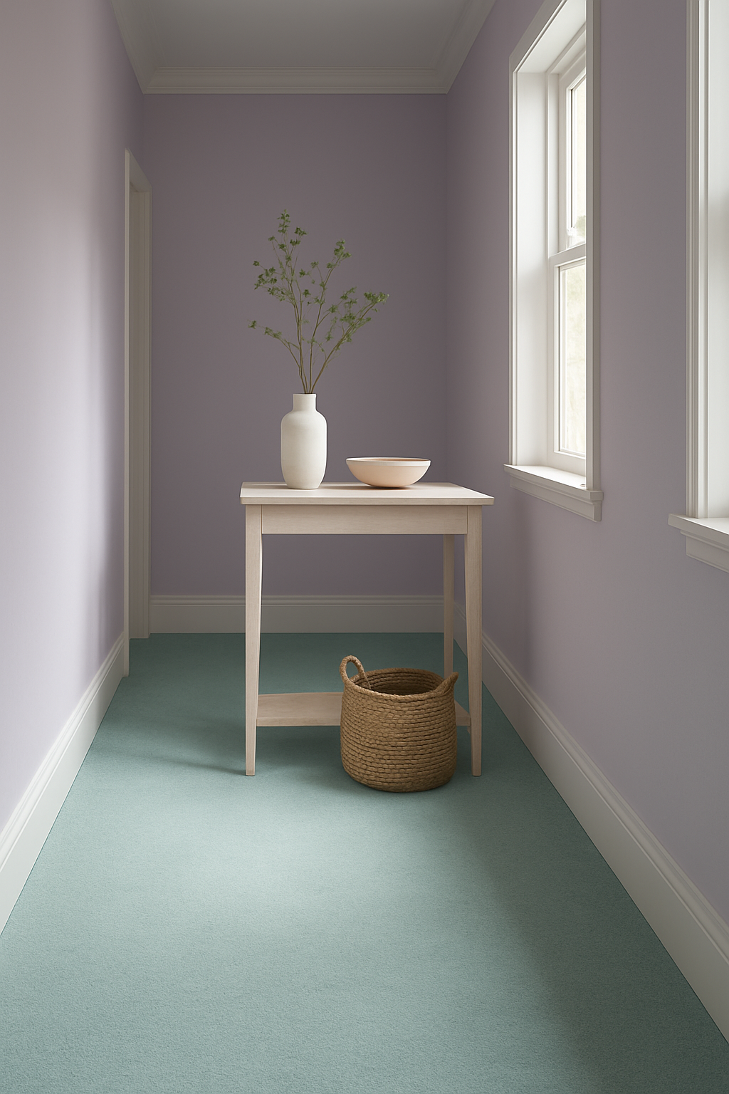 Hallway with soft lilac walls and pale aqua wall-to-wall carpet