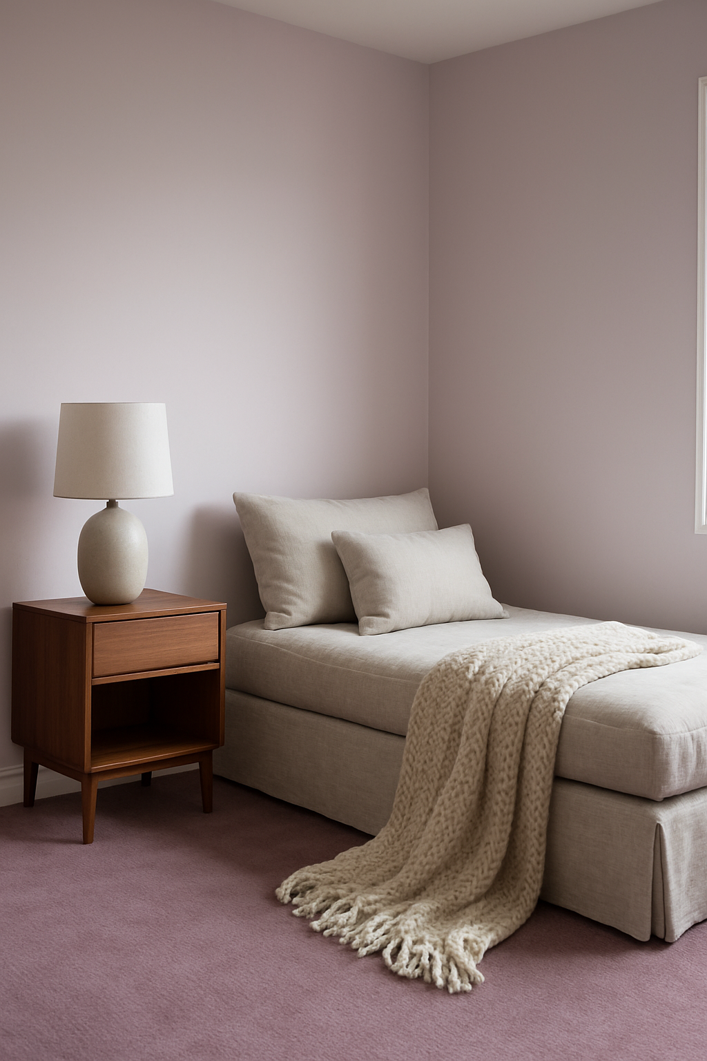Guest room corner with soft lilac walls and dusty purple wall-to-wall carpet