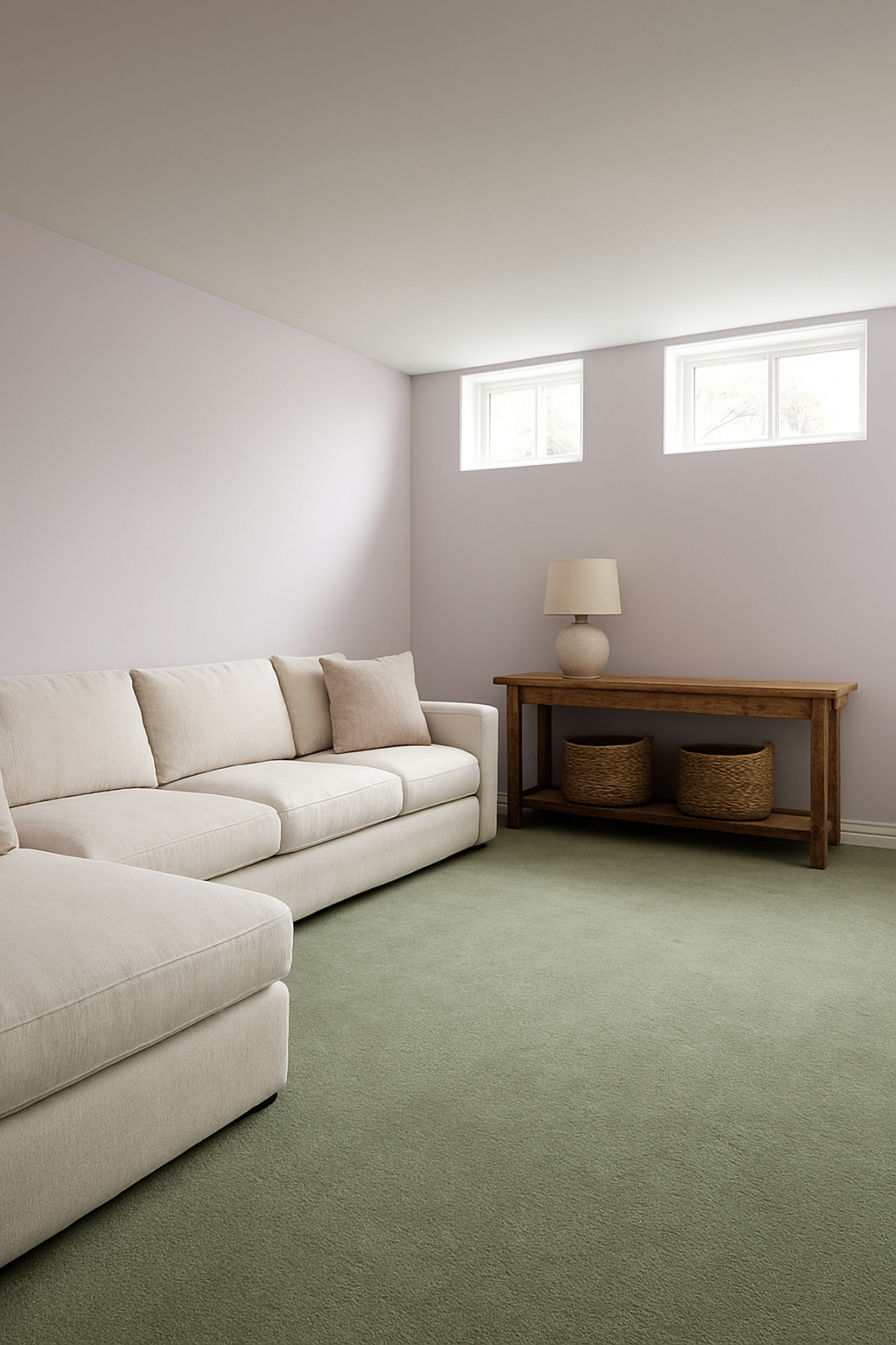 Basement with soft lilac walls and willow wall-to-wall carpet