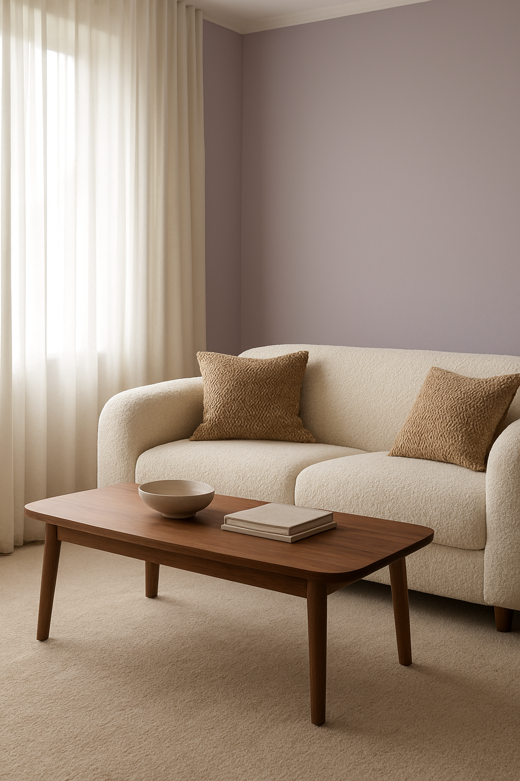 Family room with soft lilac walls and oatmeal wall-to-wall carpet