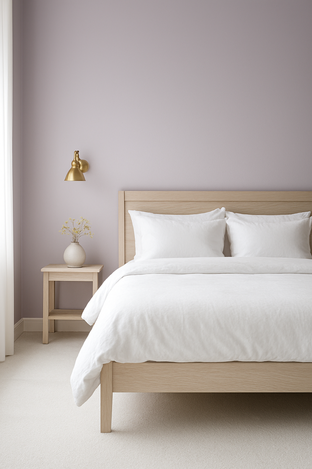 Bedroom corner with soft lilac walls and white wall-to-wall carpet