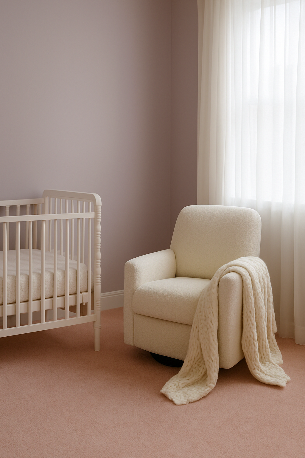 Nursery corner with soft lilac walls and blush pink wall-to-wall carpet