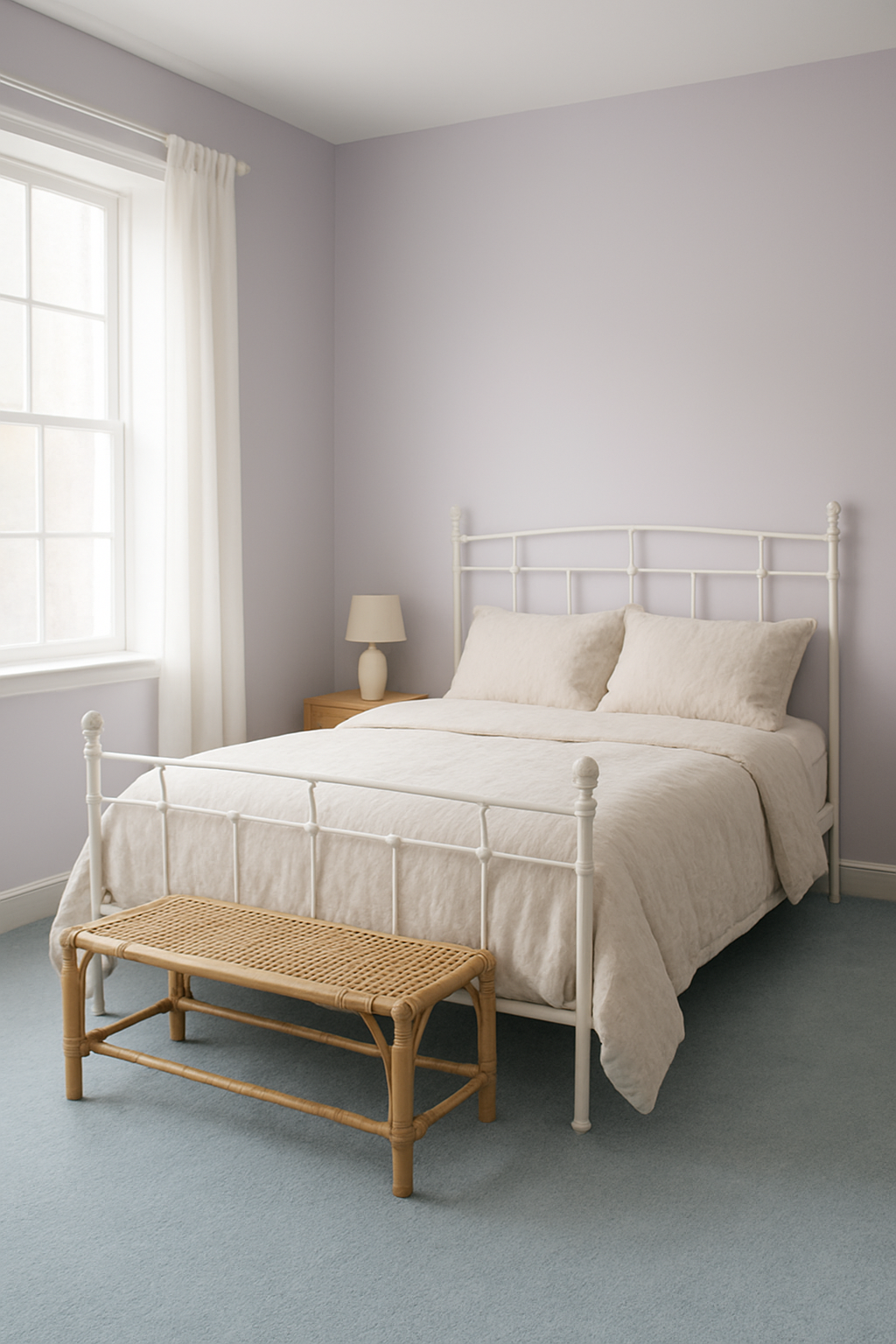 Guest room with soft lilac walls and light blue wall-to-wall carpet