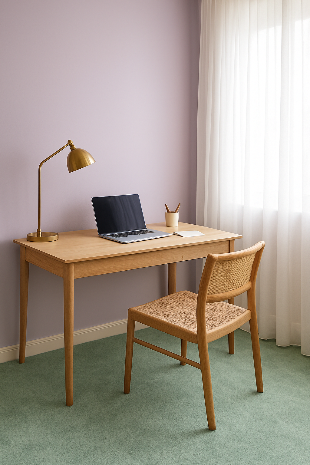 Home office with soft lilac walls and mint green wall-to-wall carpet