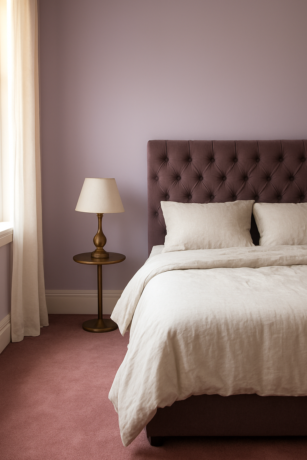 Bedroom corner with soft lilac walls and dusty rose wall-to-wall carpet