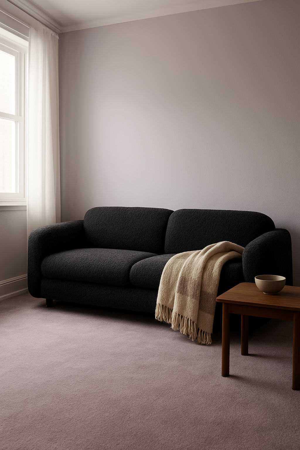 Den with soft lilac walls and lavender wall-to-wall carpet