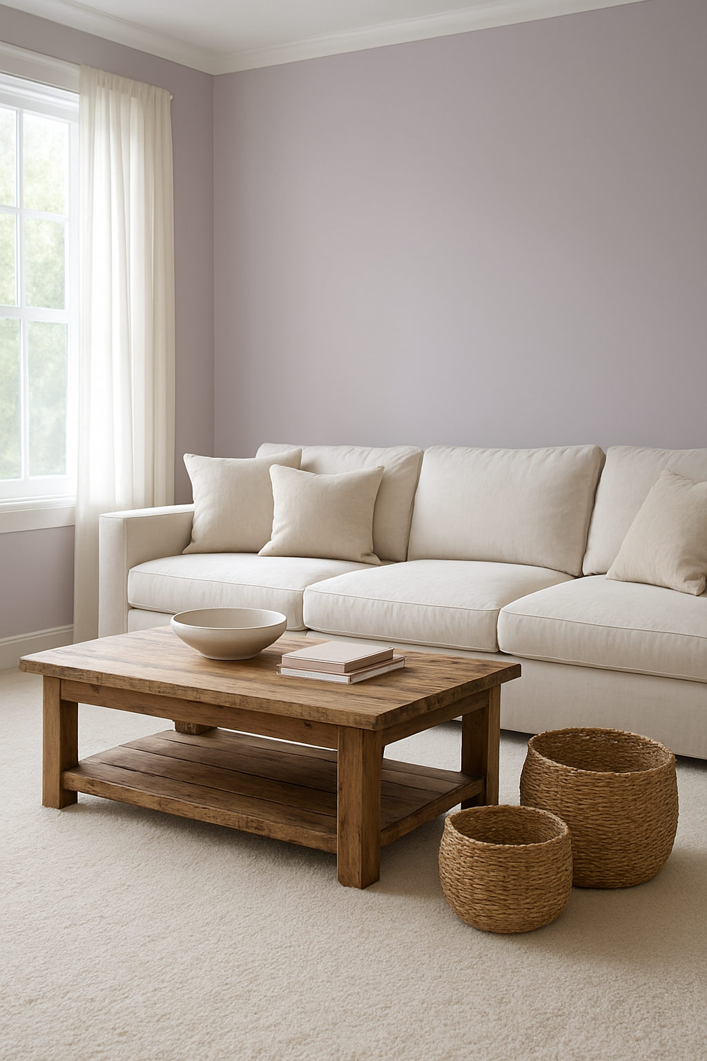 Family room with soft lilac walls and bone wall-to-wall carpet