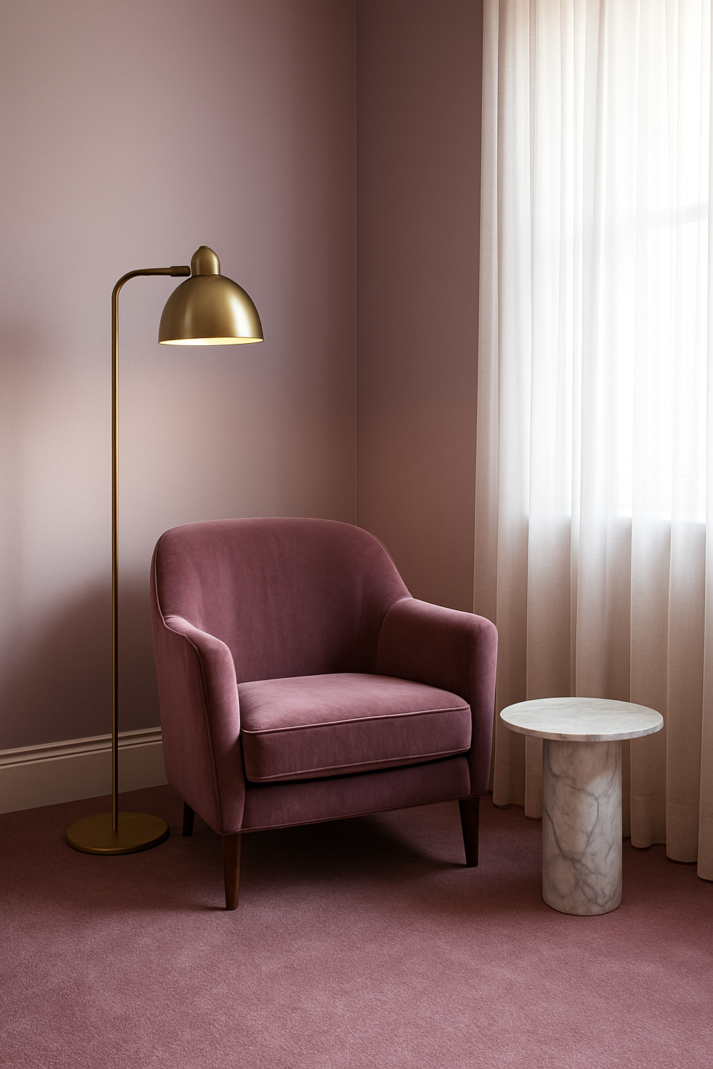 Living room corner with soft lilac walls and mauve wall-to-wall carpet