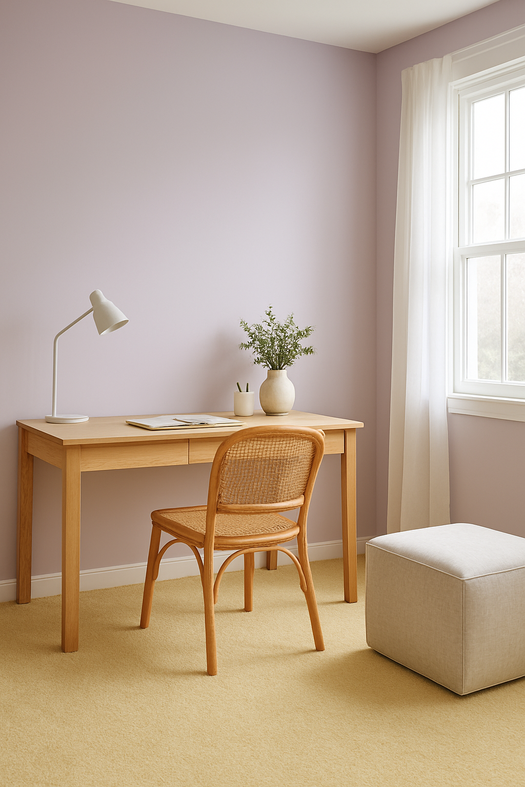 Home office with soft lilac walls and light yellow wall-to-wall carpet