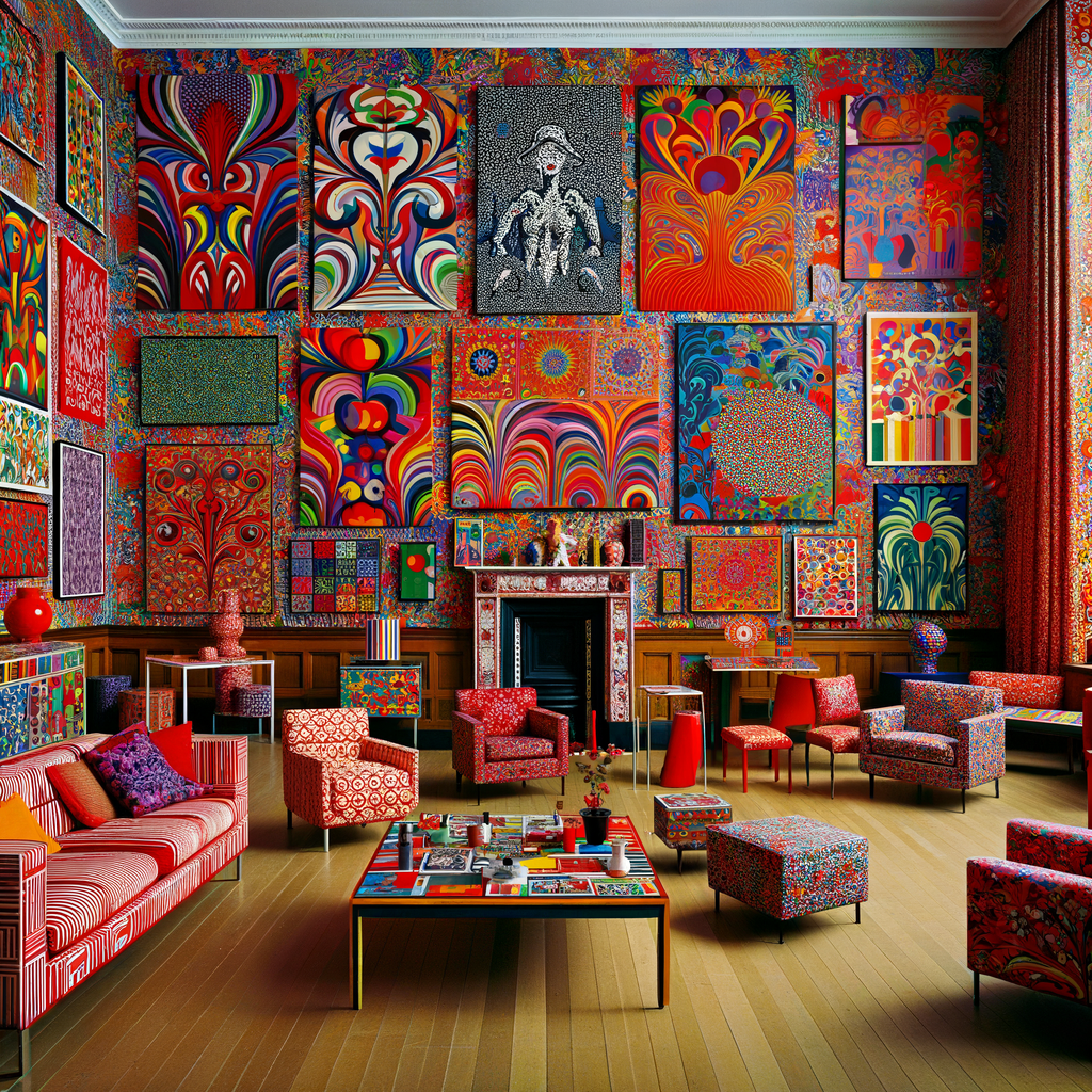 The Pop Art Paradise - Vividly patterned wallpaper and furniture in every color of the rainbow make a bold backdrop for classic canvases and sculptures emulating pop artist favorites like Warhol and Lichtenstei