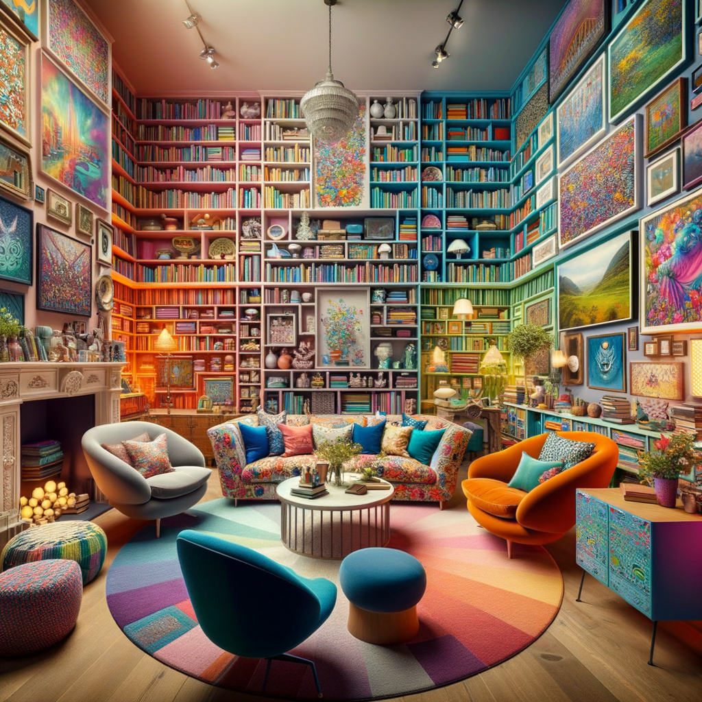 The Pop Art Paradise - Vividly patterned wallpaper and furniture in every color of the rainbow make a bold backdrop for classic canvases and sculptures emulating pop artist favorites like Warhol and Lichtenstei