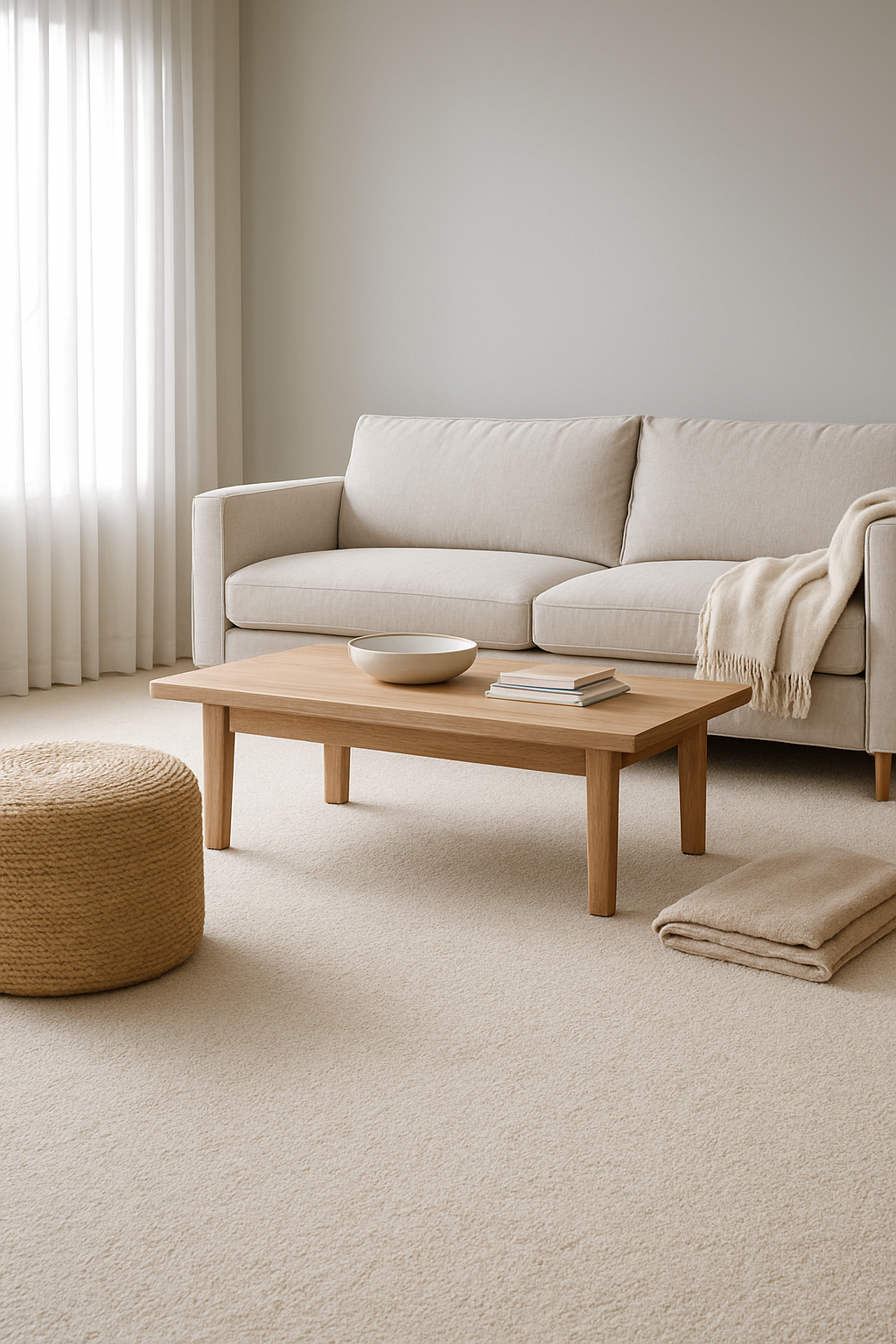 Family room with soft gray walls and a warm ivory carpet