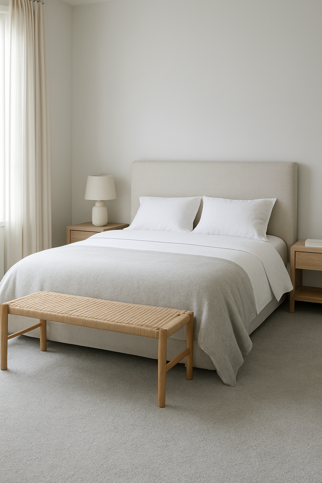 Guest room with soft white walls and a soft gray carpet