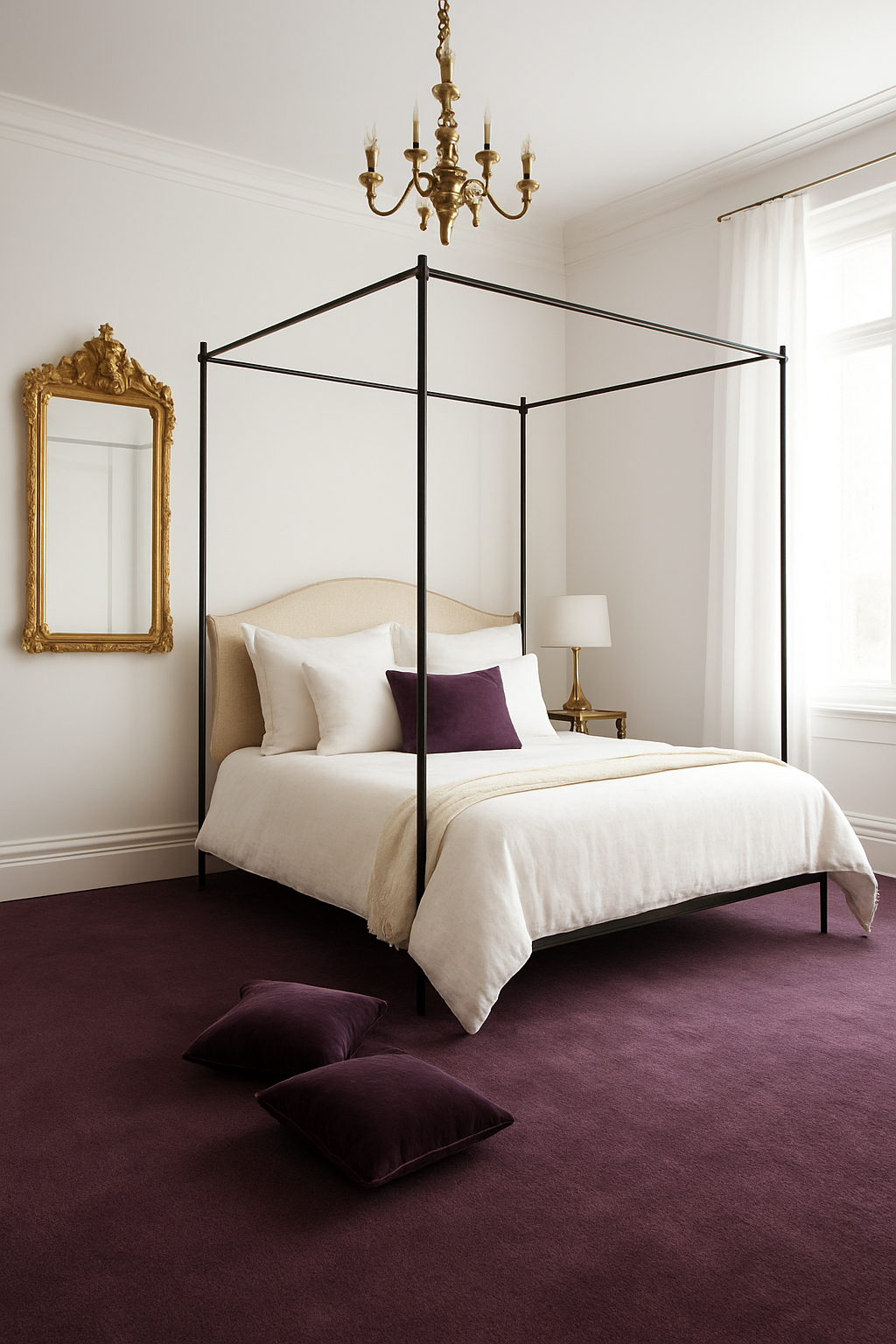 Bedroom with white walls and a dusky purple wall-to-wall carpet