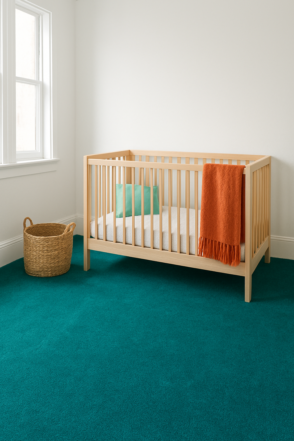 Nursery with white walls and a vibrant teal wall-to-wall carpet