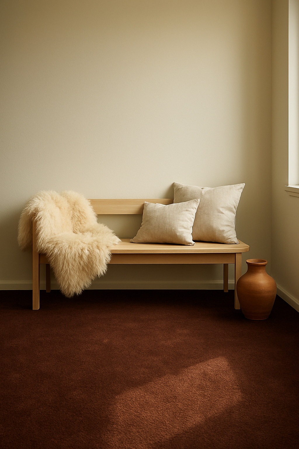 Den with cream walls and a rich chocolate wall-to-wall carpet
