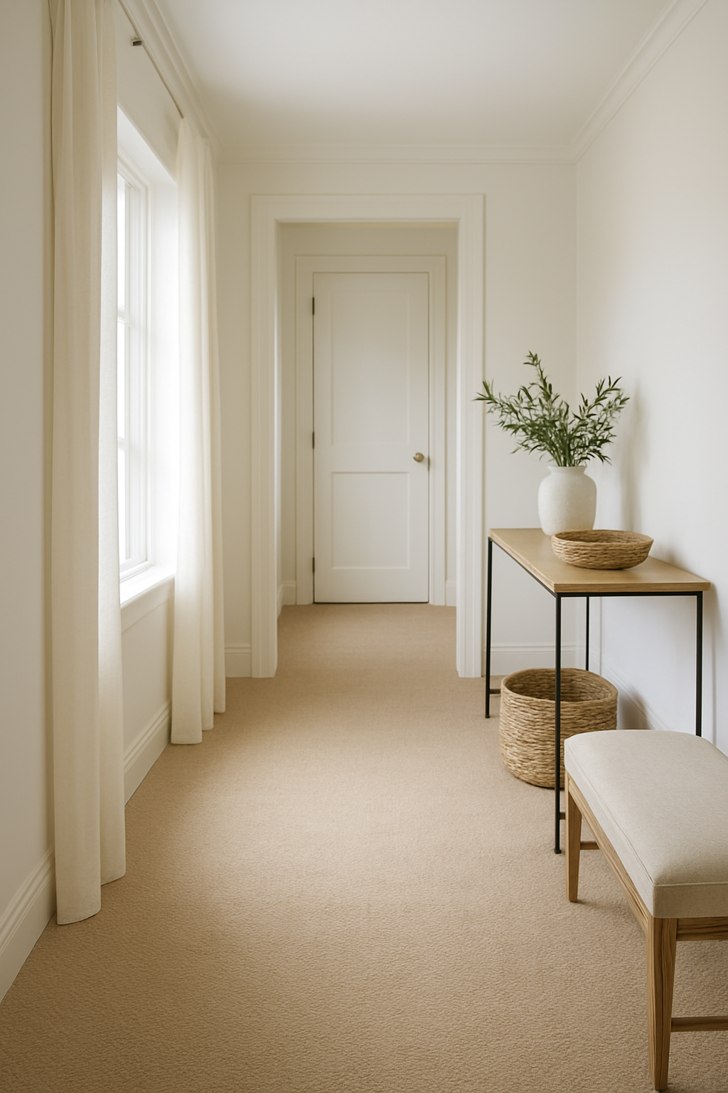 Hallway with white walls and a light tan wall-to-wall carpet