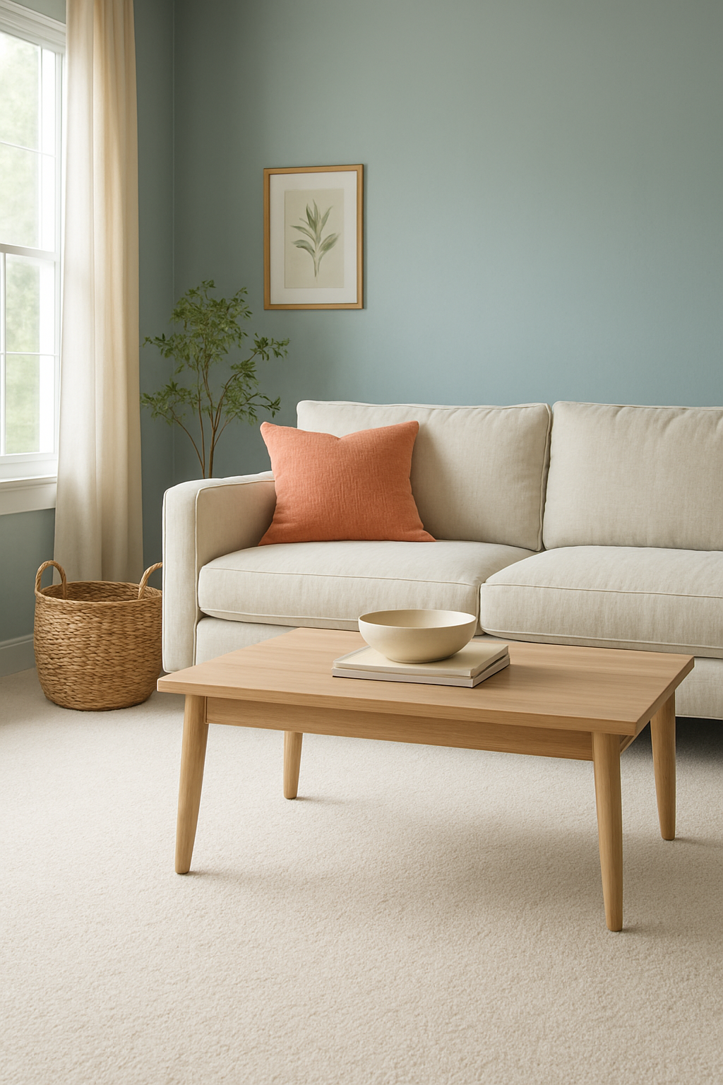 Living room with soft blue walls and a warm ivory carpet