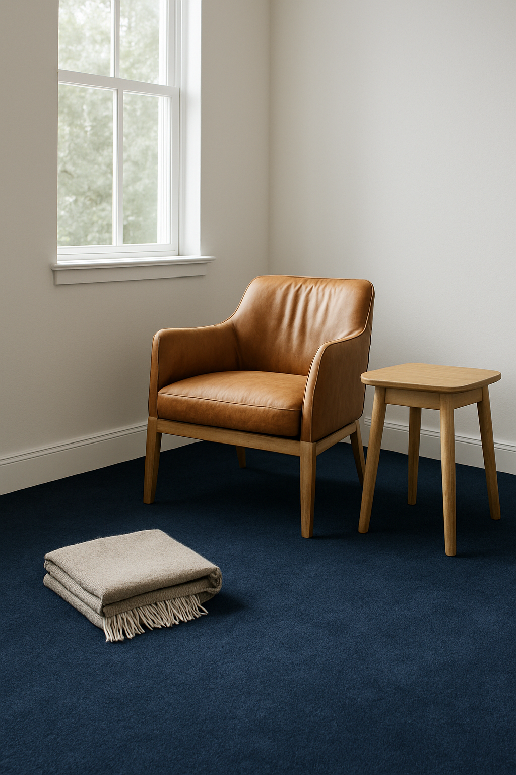 Den with white walls and a navy blue wall-to-wall carpet