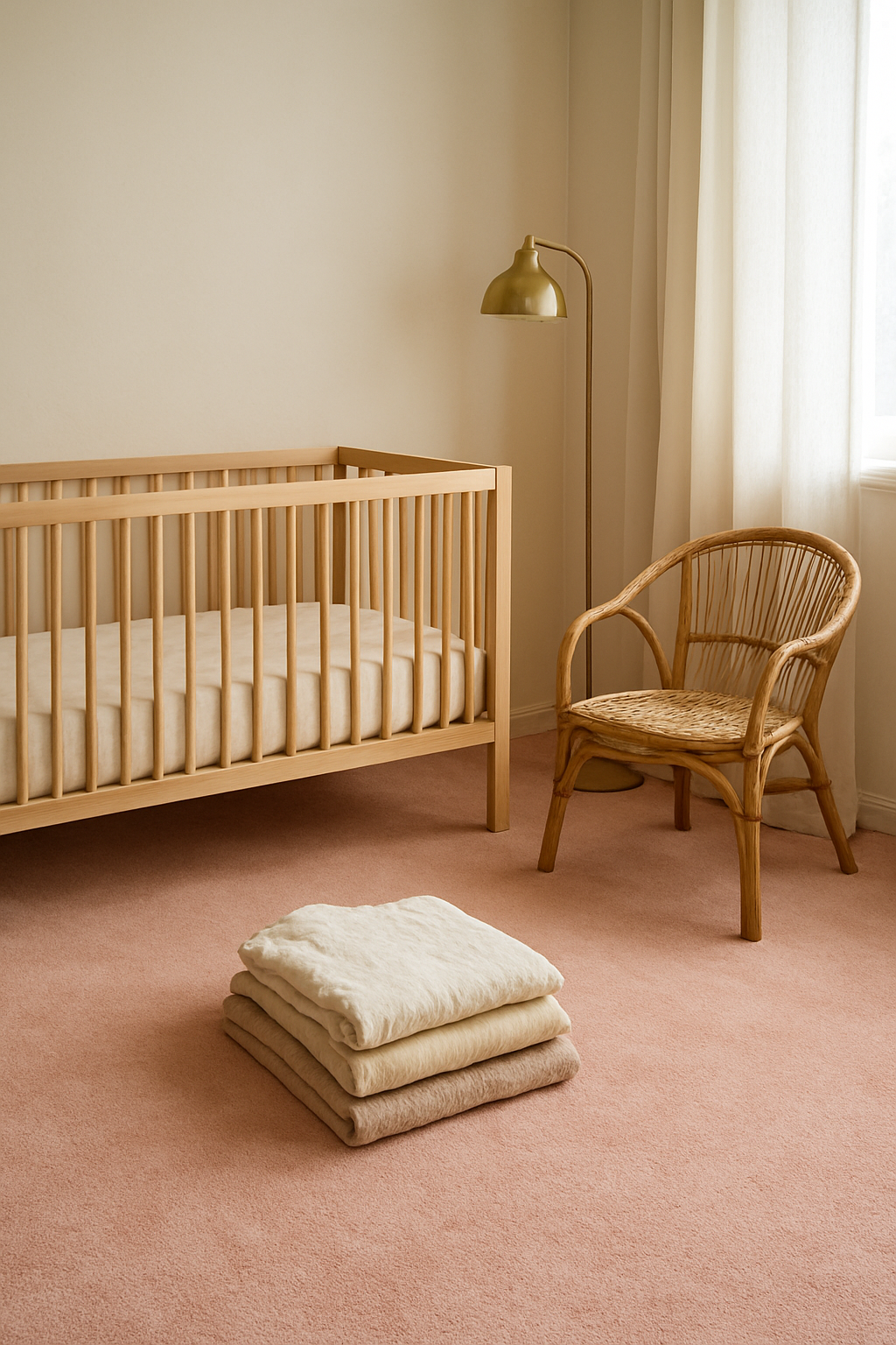 Nursery with cream walls and a blush pink wall-to-wall carpet