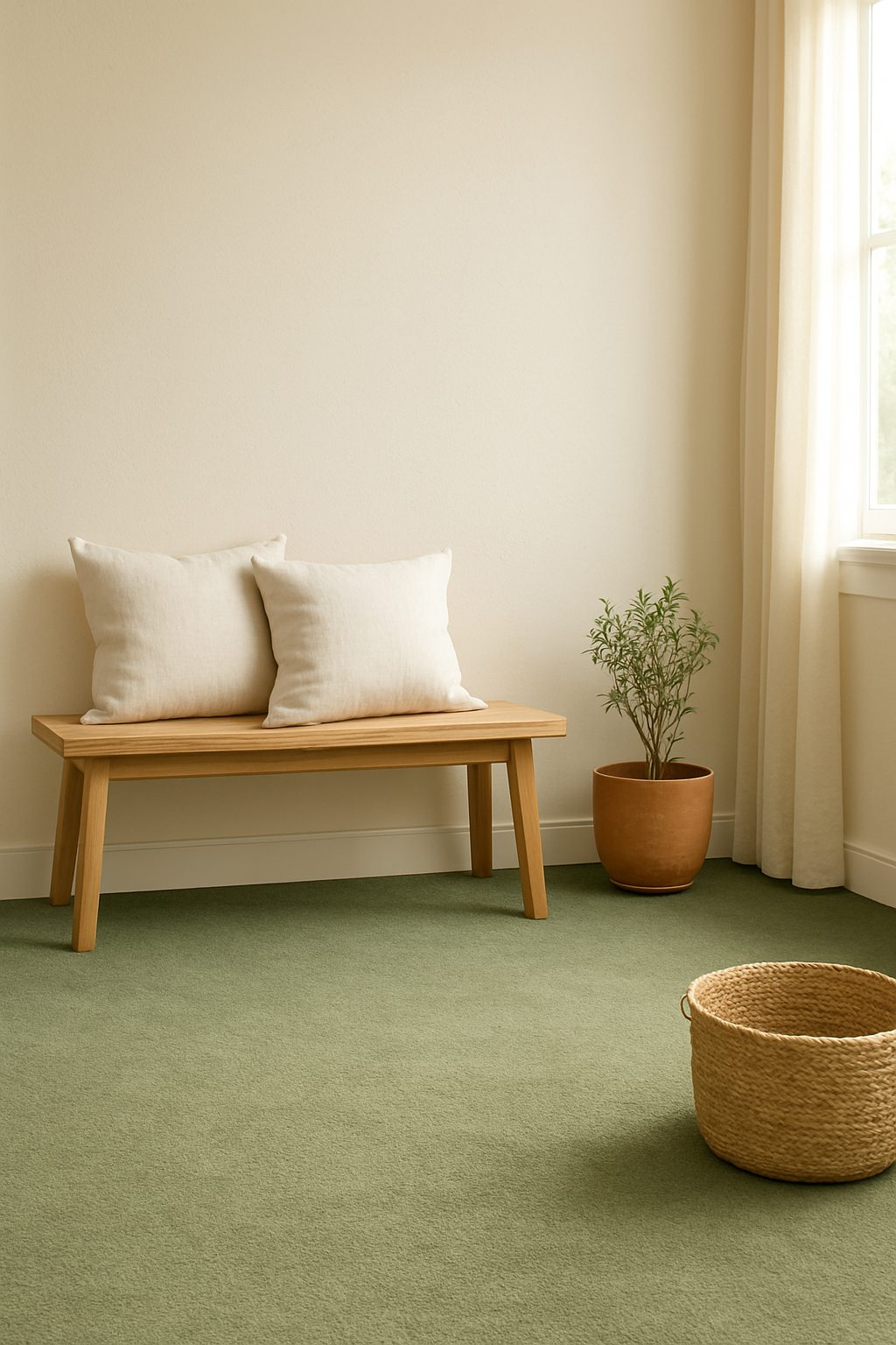 Family room with cream walls and a sage green carpet