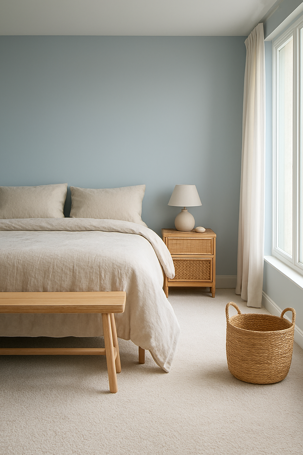 Bedroom with pale blue walls and a plush white carpet