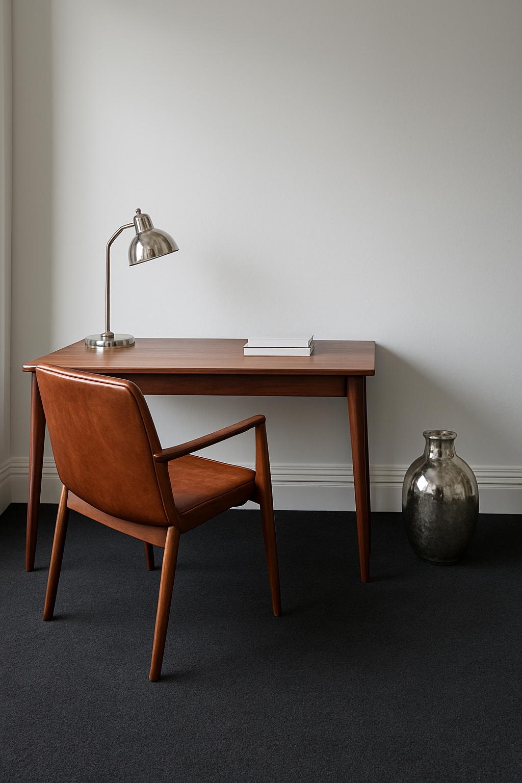 Home office with white walls and a deep charcoal carpet