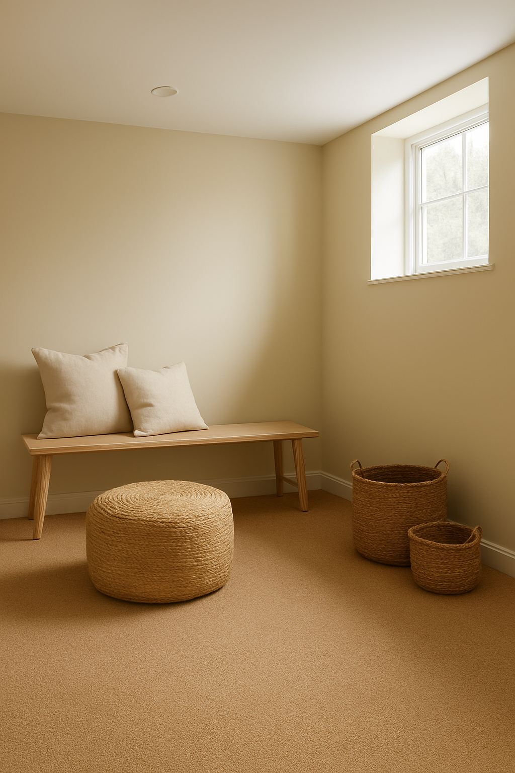 Basement with cream walls and a warm camel wall-to-wall carpet