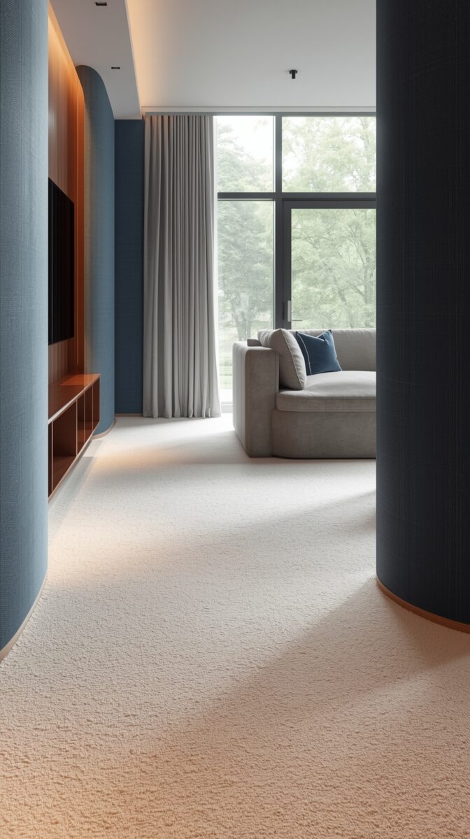 Modern living room with curved blue walls, floor-to-ceiling windows, gray sofa, and wooden media unit with ambient lighting