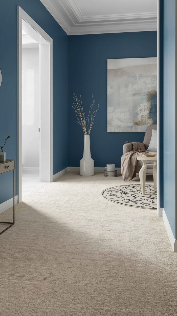 Modern room with deep blue walls, white trim, beige carpet, abstract art, and minimalist decor including tall white vase with branches