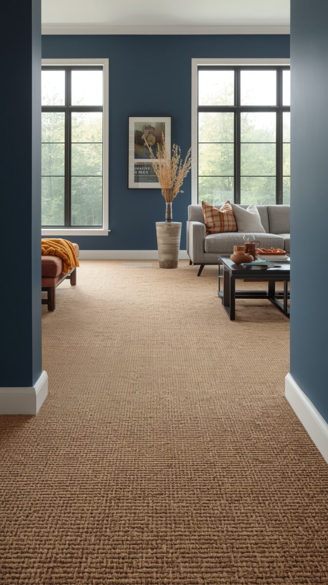 Modern living room with navy blue walls, sisal carpet, gray sofa, tall windows, and orange accents including throw pillows
