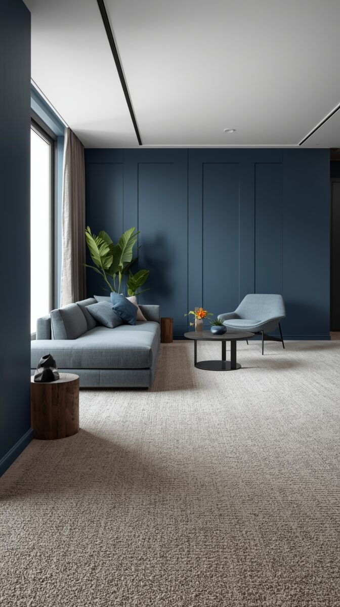 Modern minimalist living room with deep blue walls, grey sofa, accent chair, wooden side tables and large window with natural light