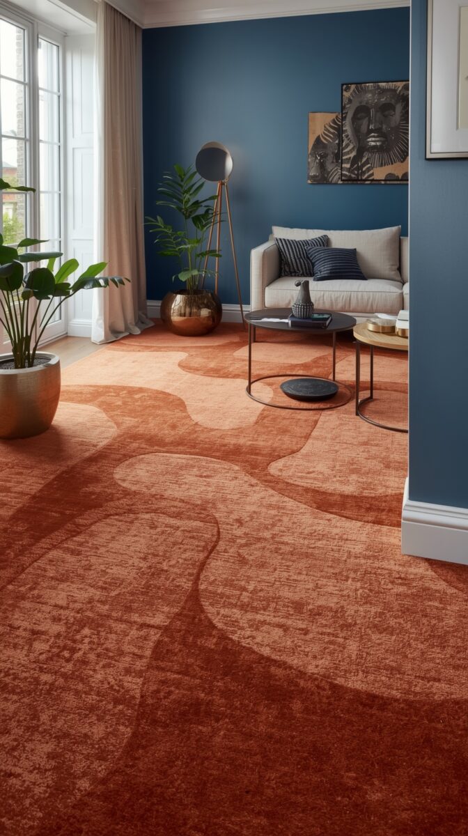 Modern living room with terracotta carpet, blue walls, beige sofa, tripod floor lamp, and potted plants near tall windows