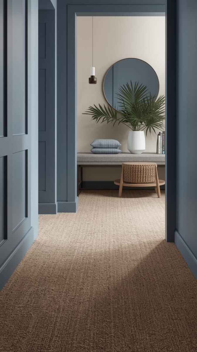 Modern hallway with blue-gray walls leading to minimalist entryway featuring round mirror, palm plant, and woven stool
