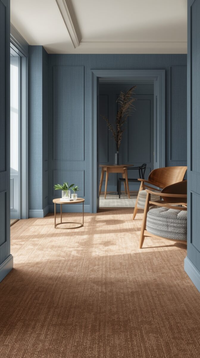 Modern interior with slate blue walls, wooden chair, round side table, and textured beige carpet in sunlit room