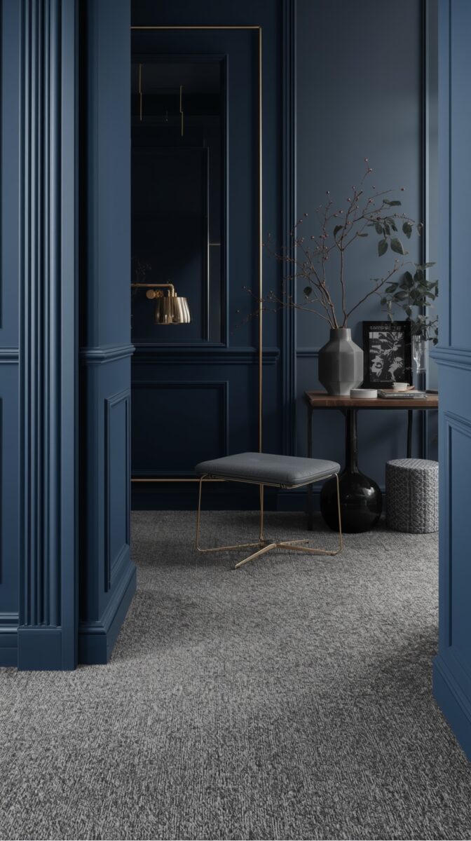 Modern interior with navy blue walls, grey ottoman, brass accents, grey carpet, and decorative vase with branches