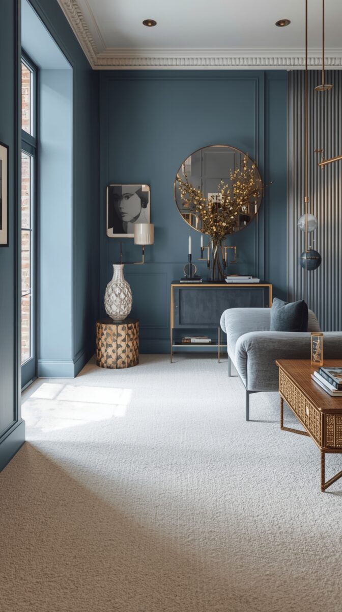 Modern living room with teal walls, round gold mirror, grey sofa, white carpet, and decorative lighting with architectural details