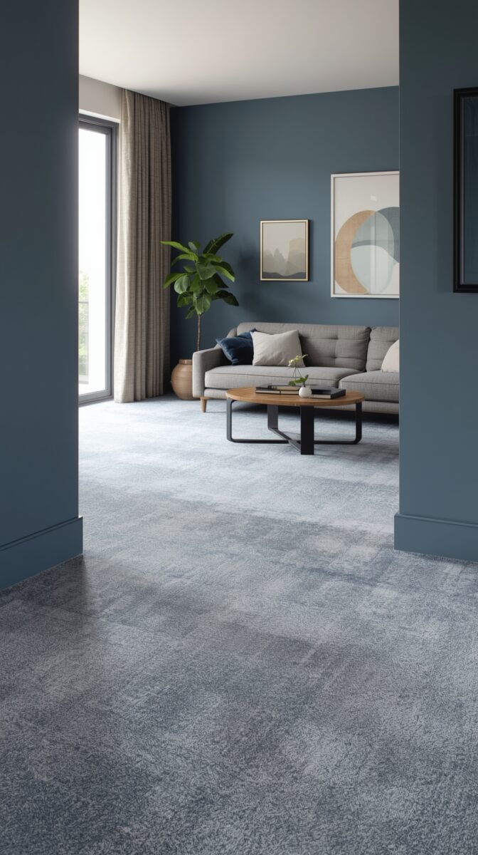 Modern living room with dark teal walls, grey sofa, round wooden coffee table, abstract art prints, and large window with beige curtains