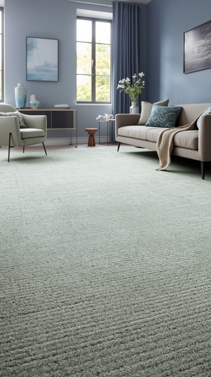 Modern living room with sage green carpet, blue walls, beige sofa, mint accent chair, and coastal artwork