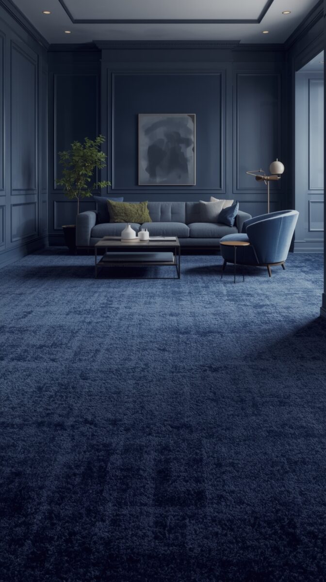 Modern monochromatic blue living room with grey sofa, abstract art, velvet armchair, and potted plant against paneled walls