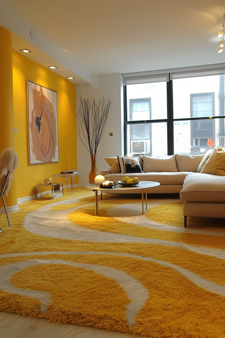 carpet with yellow walls in the living room