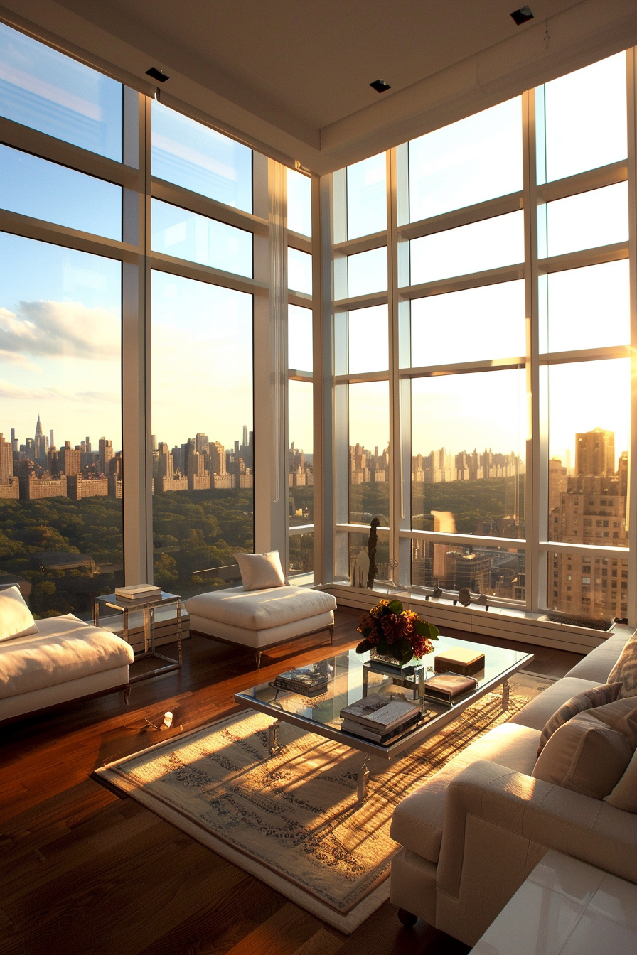 arranging furniture in a living room with a wall of windows