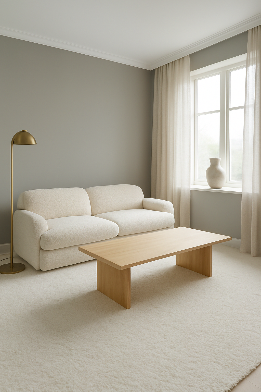 Living room with gray walls and plush white wall-to-wall carpet