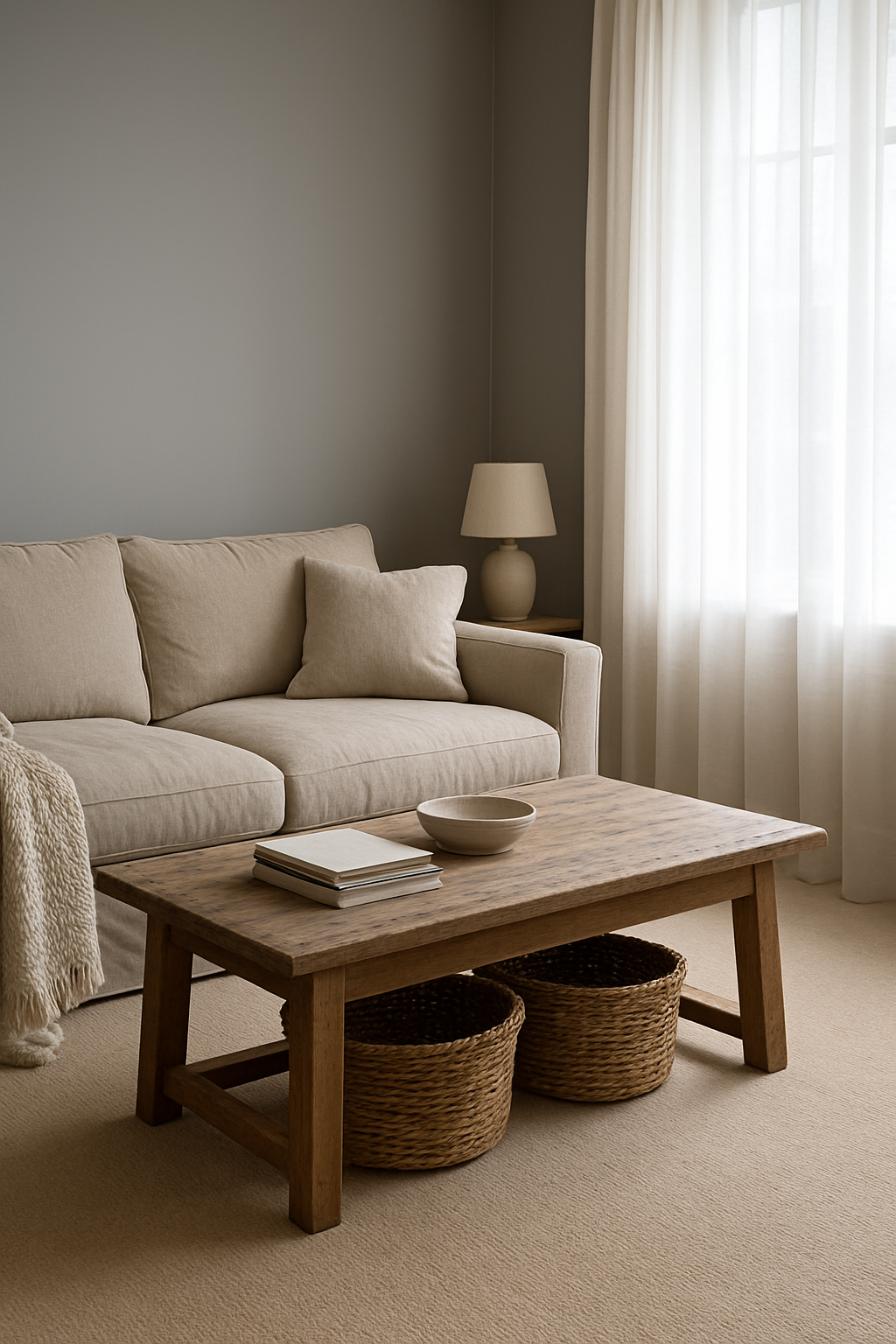 Family room with gray walls and warm beige wall-to-wall carpet