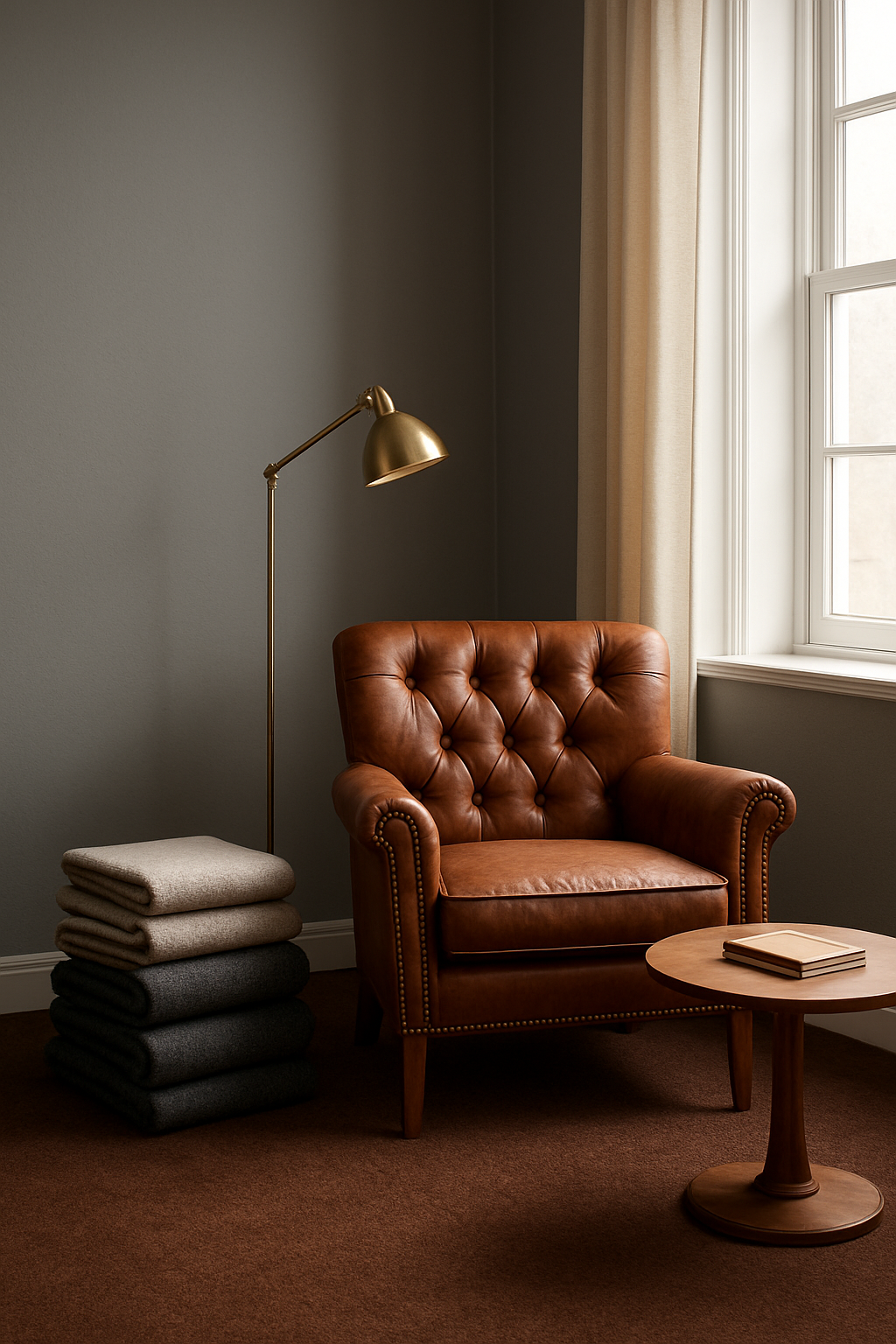 Den corner with gray walls and rich chocolate brown wall-to-wall carpet