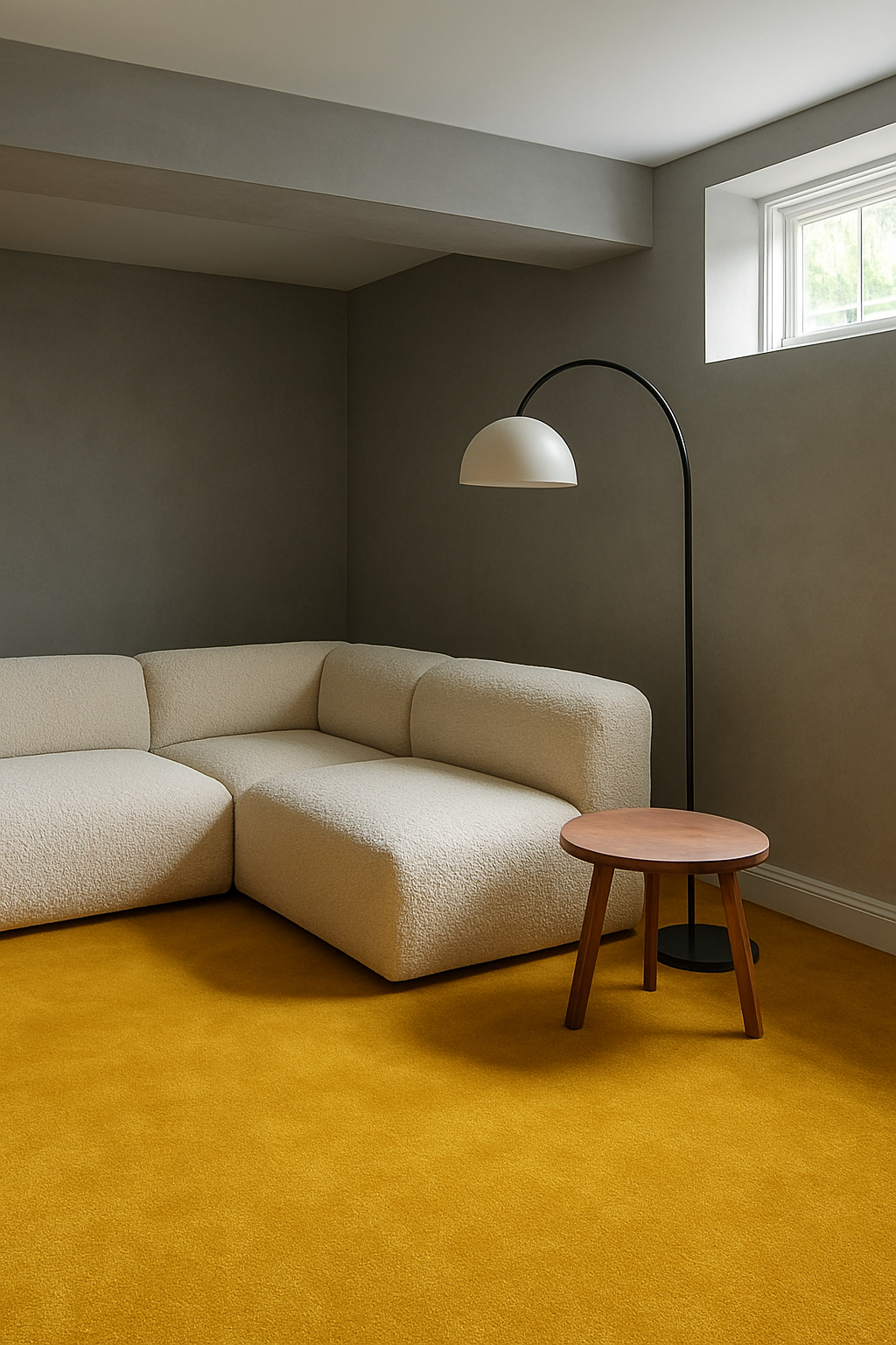 Basement lounge with gray walls and bold mustard yellow wall-to-wall carpet