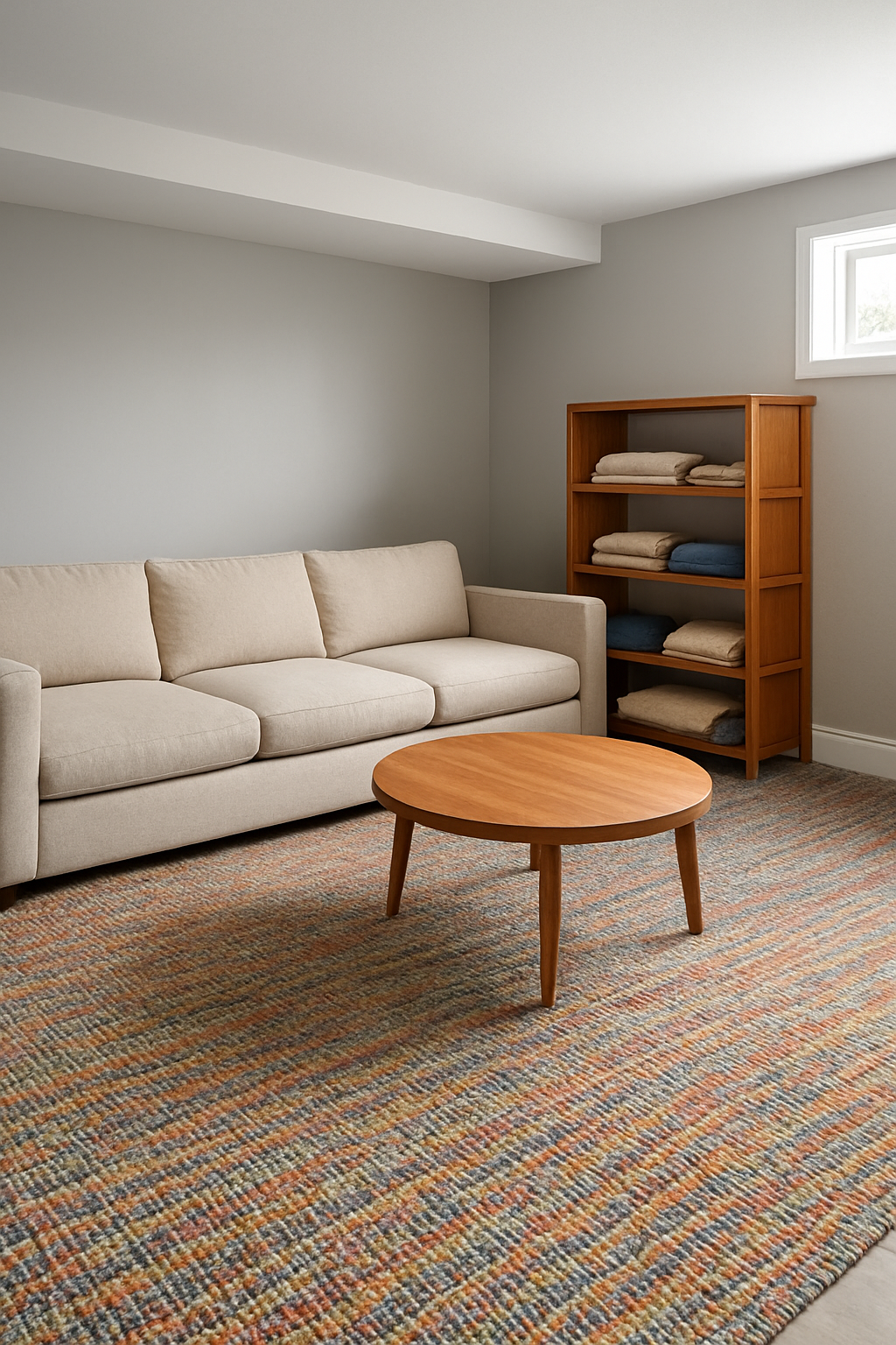 Basement with gray walls and multicolor patterned wall-to-wall carpet