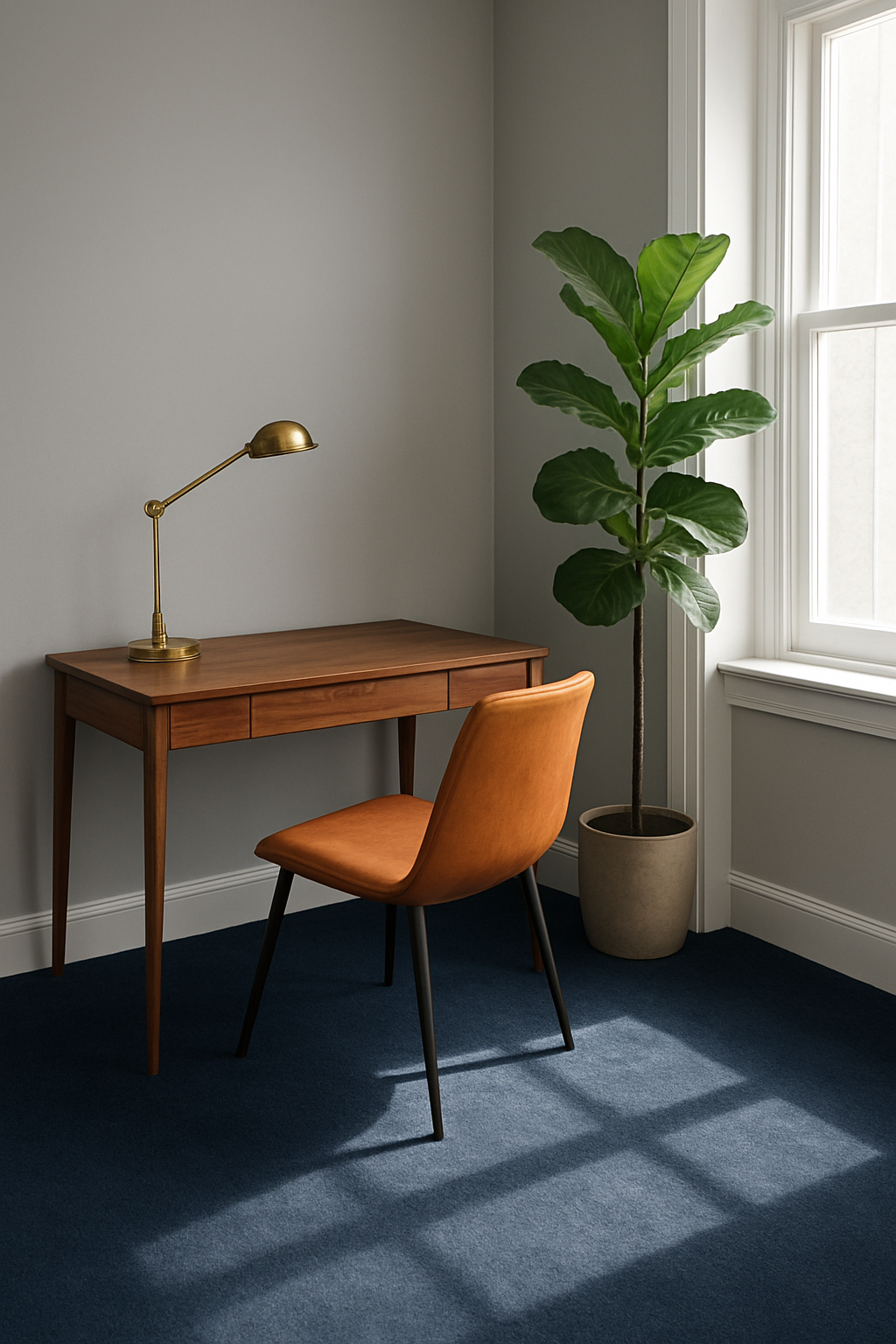 Home office corner with gray walls and navy blue wall-to-wall carpet