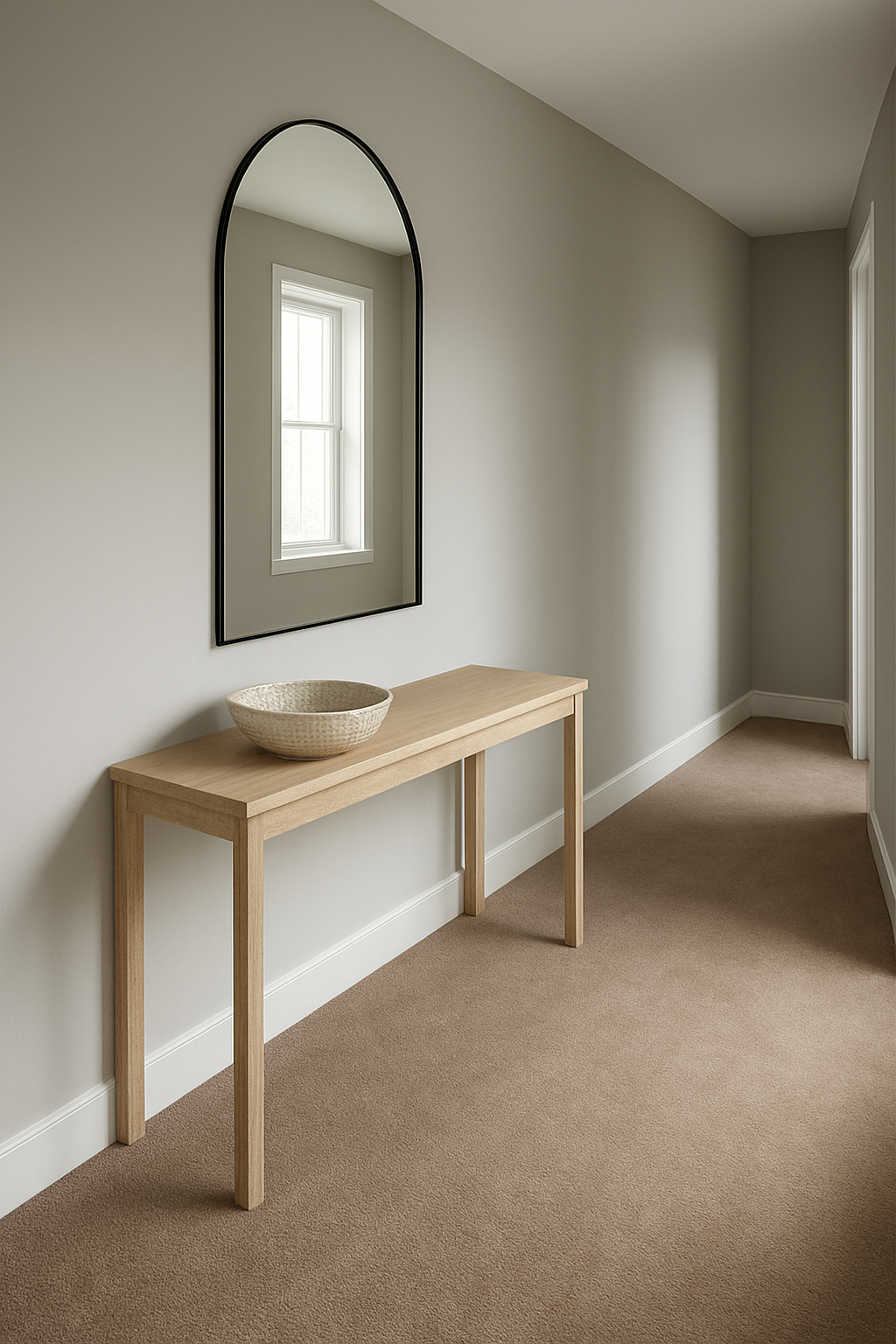 Hallway with gray walls and warm taupe wall-to-wall carpet